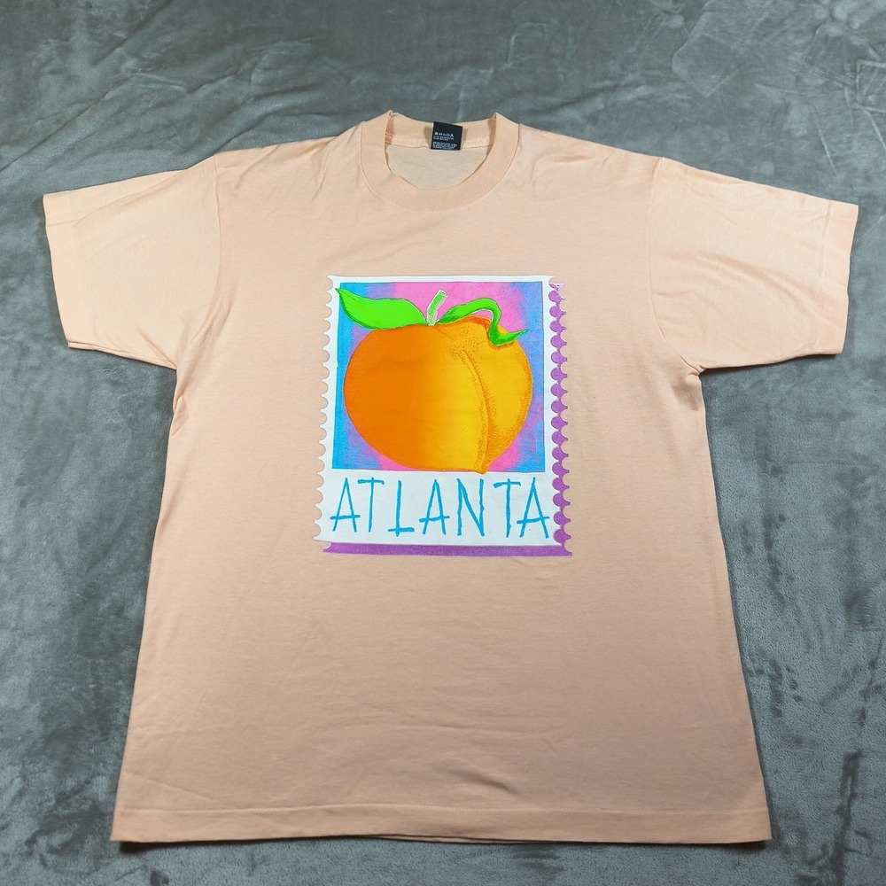 Vintage‎ Atlanta Peach Shirt Mens XL Postcard Single Stitch Screen Stars USA 80s